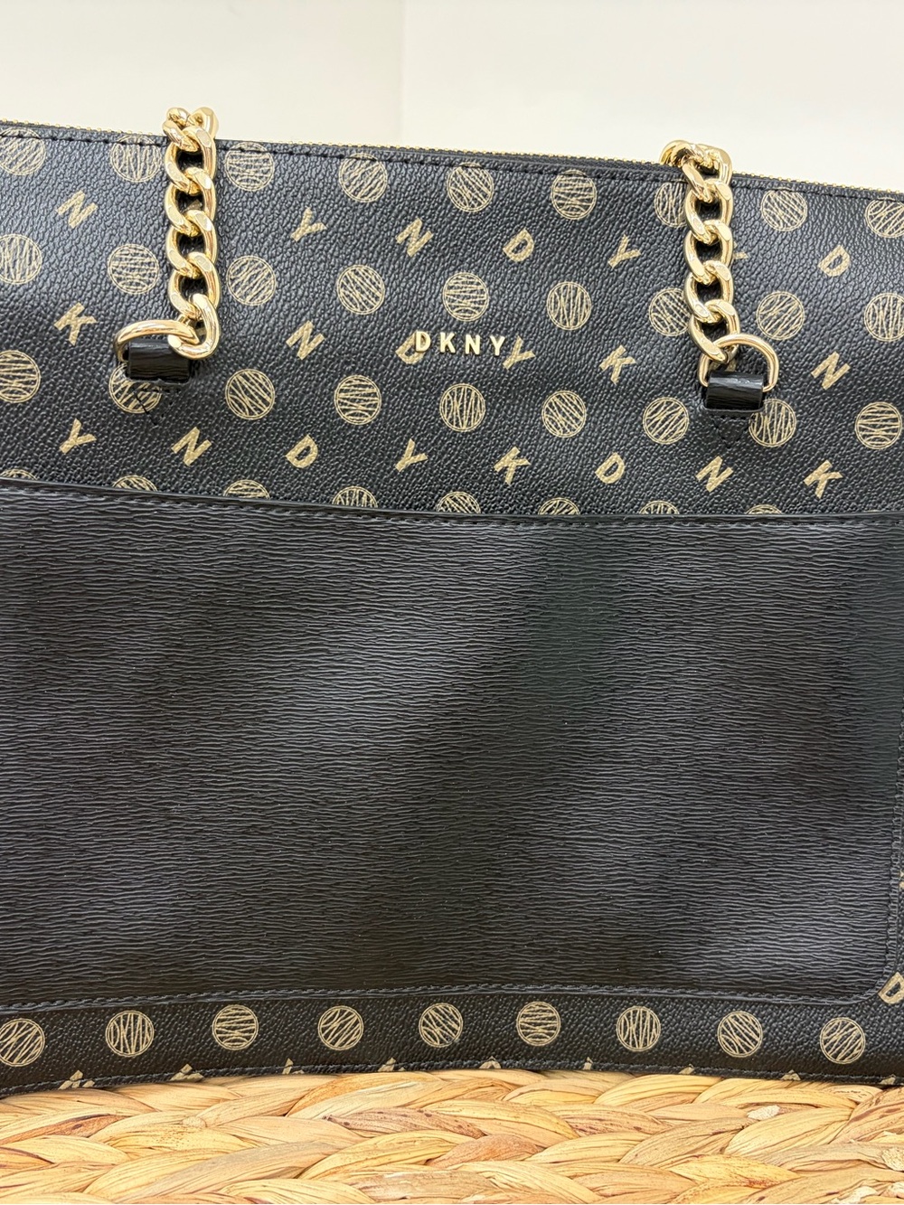 DKNY Black Tote with Gold Chain Handles and Monogram Dot Print